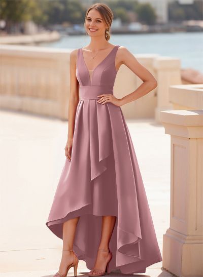 A-Line V-Neck Sleeveless Floor-Length Satin Bridesmaid Dresses