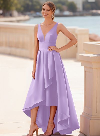 A-Line V-Neck Sleeveless Floor-Length Satin Bridesmaid Dresses