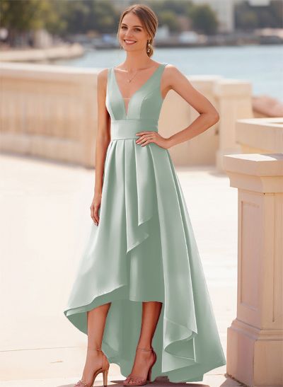 A-Line V-Neck Sleeveless Floor-Length Satin Bridesmaid Dresses