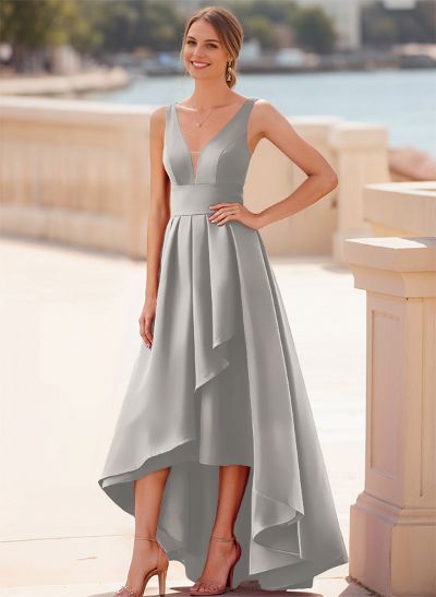 A-Line V-Neck Sleeveless Floor-Length Satin Bridesmaid Dresses