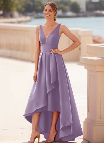 A-Line V-Neck Sleeveless Floor-Length Satin Bridesmaid Dresses