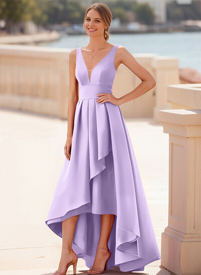 A-Line V-Neck Sleeveless Floor-Length Satin Bridesmaid Dresses