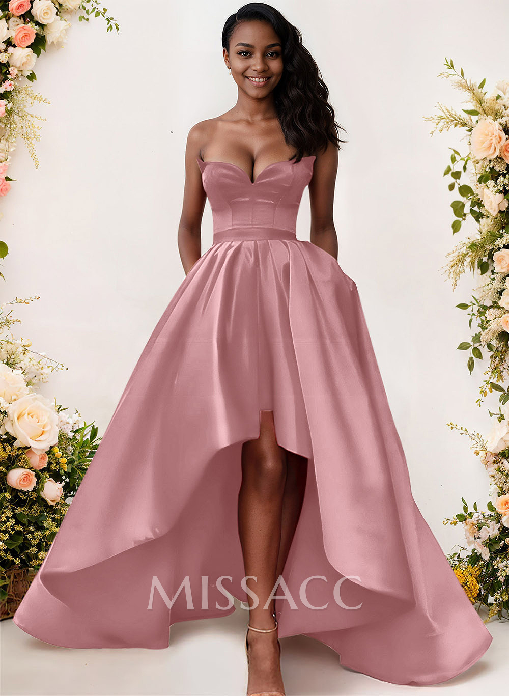 Ball-Gown/Princess Sleeveless Strapless Satin Asymmetrical Bridesmaid Dresses Ball-Gown/Princess Sleeveless Strapless Satin Asymmetrical Bridesmaid Dresses