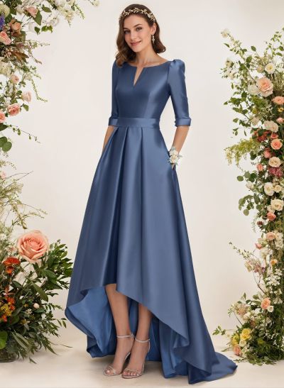 A-Line V-Neck 1/2 Sleeves Sweep Train Satin Bridesmaid Dresses With Pockets