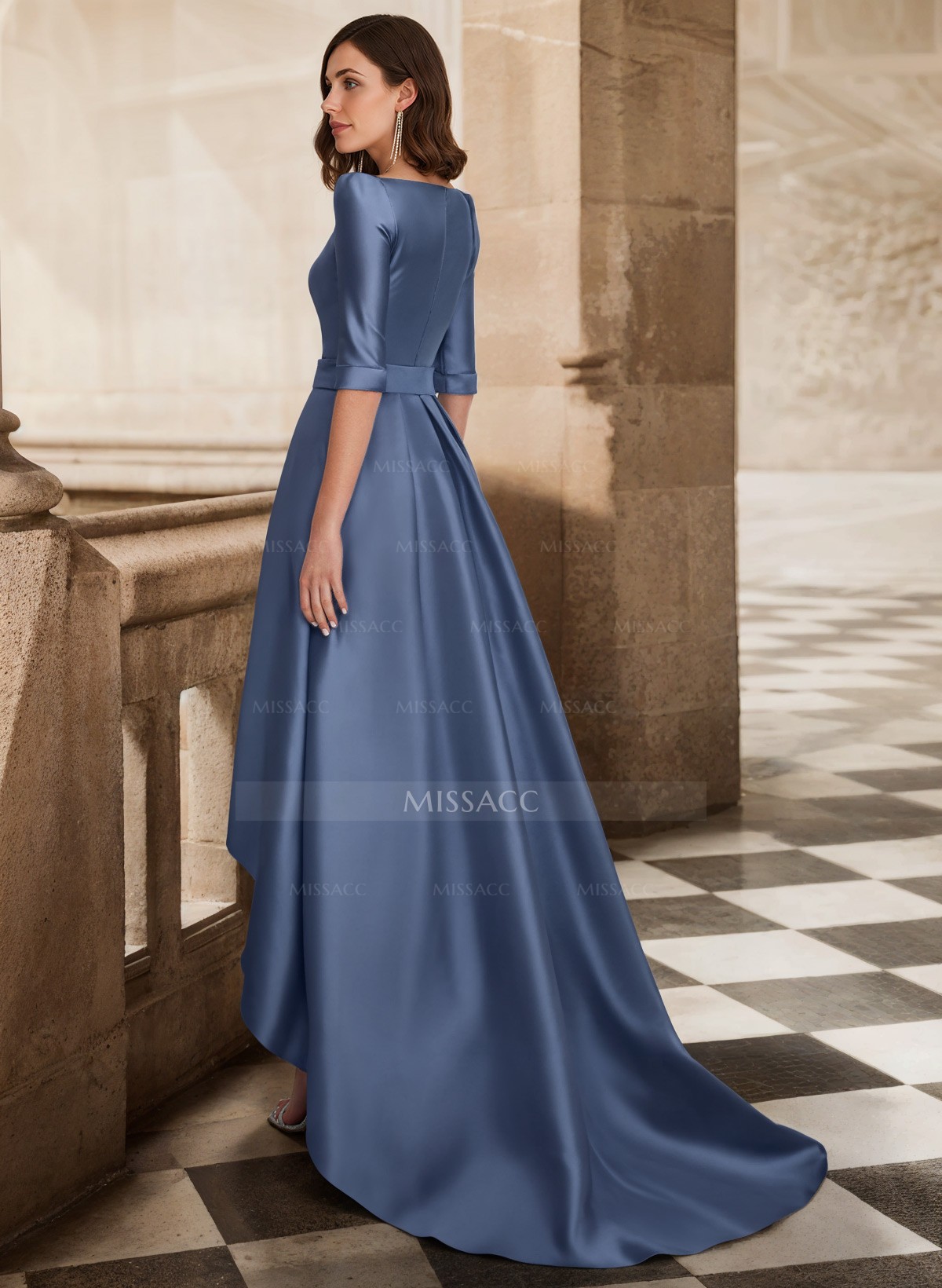 A-Line V-Neck 1/2 Sleeves Sweep Train Satin Bridesmaid Dresses With Pockets