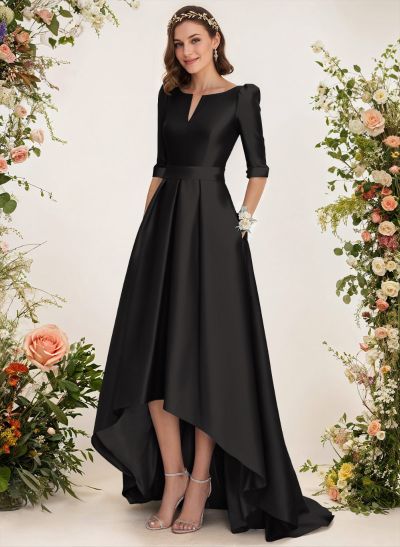 A-Line V-Neck 1/2 Sleeves Sweep Train Satin Bridesmaid Dresses With Pockets