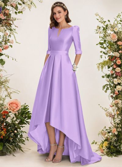 A-Line V-Neck 1/2 Sleeves Sweep Train Satin Bridesmaid Dresses With Pockets