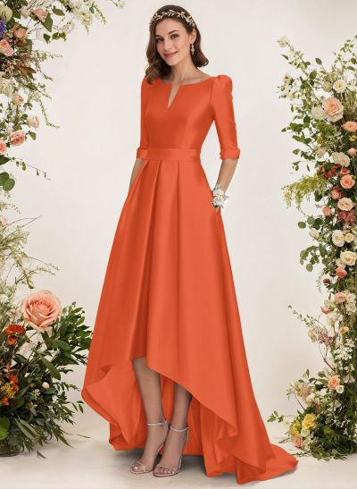 A-Line V-Neck 1/2 Sleeves Sweep Train Satin Bridesmaid Dresses With Pockets