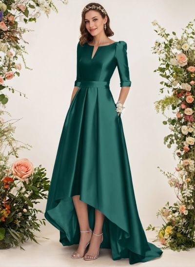 A-Line V-Neck 1/2 Sleeves Sweep Train Satin Bridesmaid Dresses With Pockets