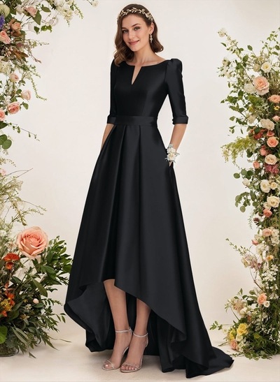 A-Line V-Neck 1/2 Sleeves Sweep Train Satin Bridesmaid Dresses With Pockets
