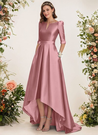 A-Line V-Neck 1/2 Sleeves Sweep Train Satin Bridesmaid Dresses With Pockets