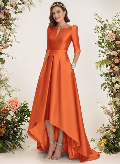 A-Line V-Neck 1/2 Sleeves Sweep Train Satin Bridesmaid Dresses With Pockets