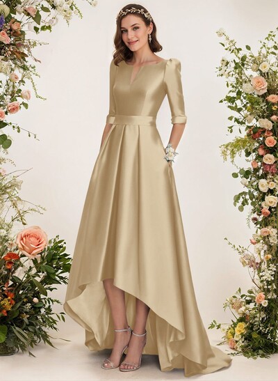 A-Line V-Neck 1/2 Sleeves Sweep Train Satin Bridesmaid Dresses With Pockets