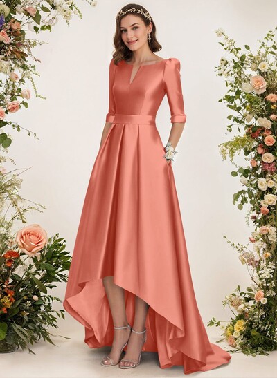 A-Line V-Neck 1/2 Sleeves Sweep Train Satin Bridesmaid Dresses With Pockets