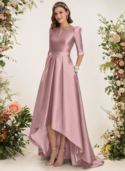 A-Line V-Neck 1/2 Sleeves Sweep Train Satin Bridesmaid Dresses With Pockets