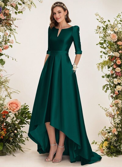 A-Line V-Neck 1/2 Sleeves Sweep Train Satin Bridesmaid Dresses With Pockets