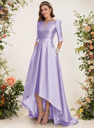 A-Line V-Neck 1/2 Sleeves Sweep Train Satin Bridesmaid Dresses With Pockets