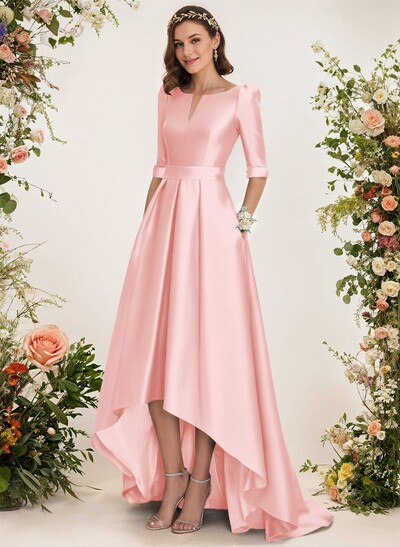 A-Line V-Neck 1/2 Sleeves Sweep Train Satin Bridesmaid Dresses With Pockets