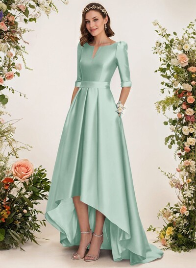 A-Line V-Neck 1/2 Sleeves Sweep Train Satin Bridesmaid Dresses With Pockets
