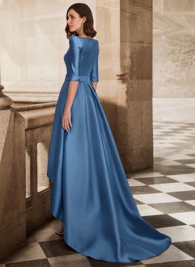 A-Line V-Neck 1/2 Sleeves Sweep Train Satin Bridesmaid Dresses With Pockets