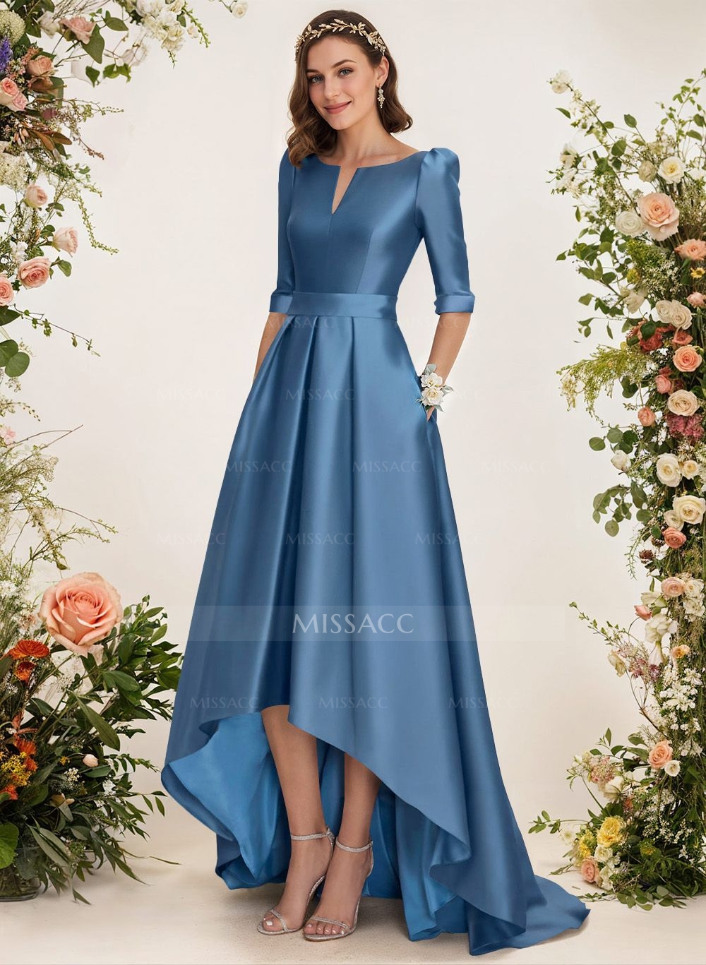 A-Line V-Neck 1/2 Sleeves Sweep Train Satin Bridesmaid Dresses With Pockets