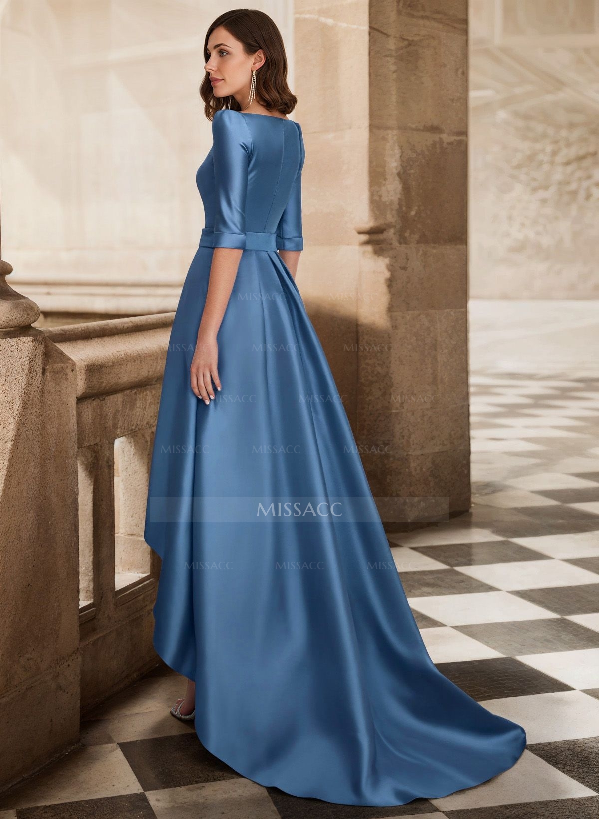 A-Line V-Neck 1/2 Sleeves Sweep Train Satin Bridesmaid Dresses With Pockets