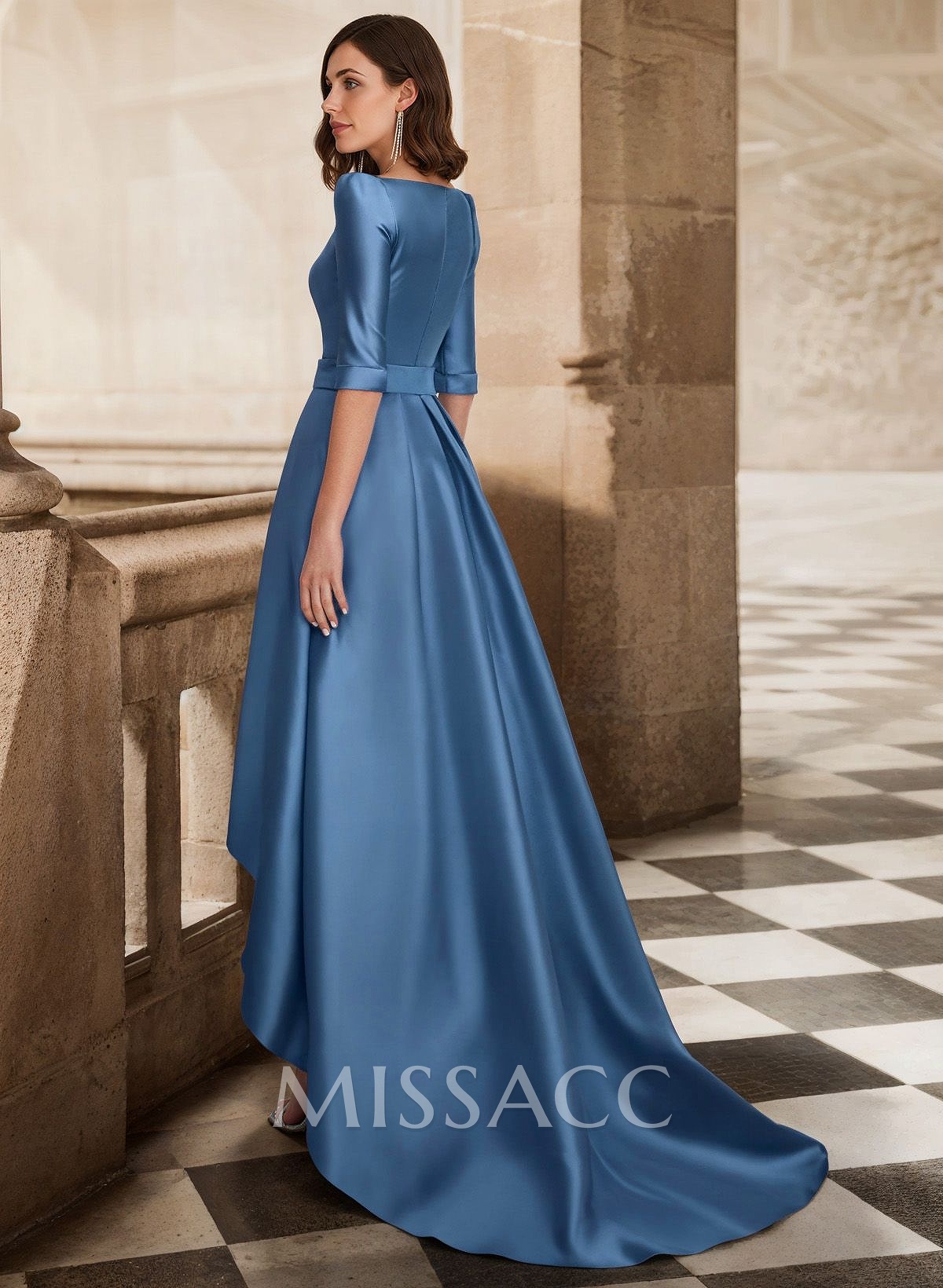 A-Line V-Neck 1/2 Sleeves Sweep Train Satin Bridesmaid Dresses With Pockets