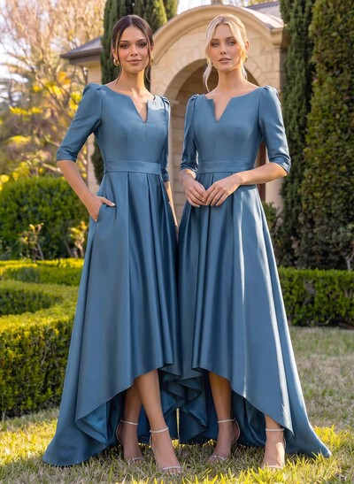 A-Line V-Neck 1/2 Sleeves Sweep Train Satin Bridesmaid Dresses With Pockets