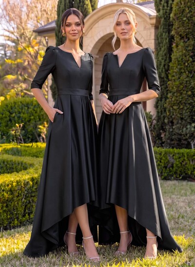 A-Line V-Neck 1/2 Sleeves Sweep Train Satin Bridesmaid Dresses With Pockets