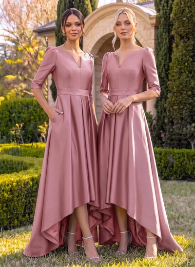 A-Line V-Neck 1/2 Sleeves Sweep Train Satin Bridesmaid Dresses With Pockets