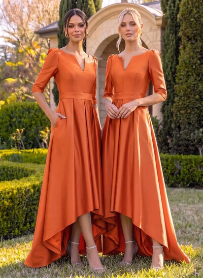 A-Line V-Neck 1/2 Sleeves Sweep Train Satin Bridesmaid Dresses With Pockets
