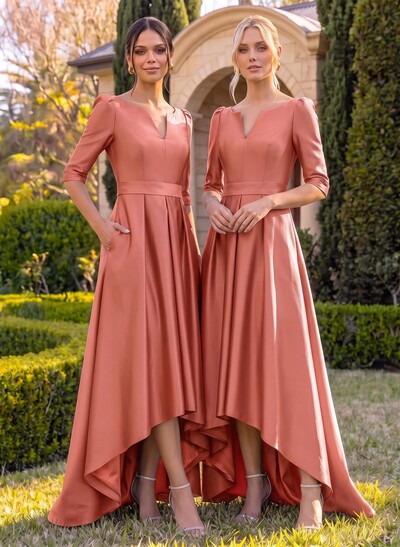 A-Line V-Neck 1/2 Sleeves Sweep Train Satin Bridesmaid Dresses With Pockets