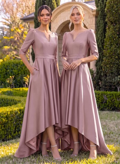 A-Line V-Neck 1/2 Sleeves Sweep Train Satin Bridesmaid Dresses With Pockets