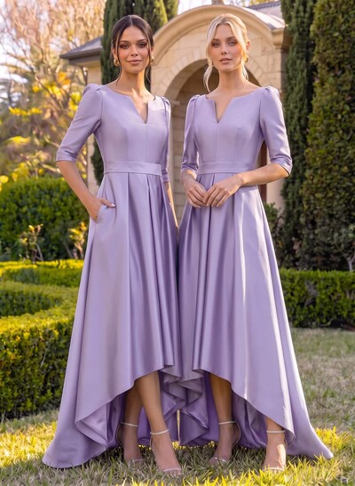 A-Line V-Neck 1/2 Sleeves Sweep Train Satin Bridesmaid Dresses With Pockets