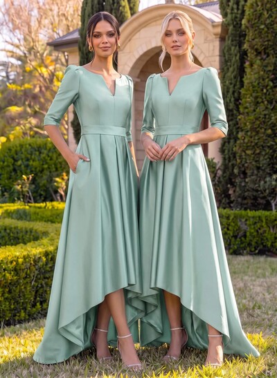 A-Line V-Neck 1/2 Sleeves Sweep Train Satin Bridesmaid Dresses With Pockets