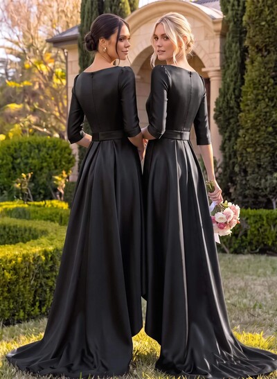 A-Line V-Neck 1/2 Sleeves Sweep Train Satin Bridesmaid Dresses With Pockets