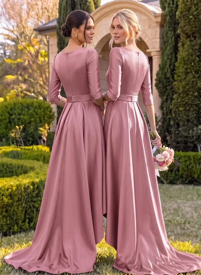 A-Line V-Neck 1/2 Sleeves Sweep Train Satin Bridesmaid Dresses With Pockets