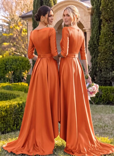 A-Line V-Neck 1/2 Sleeves Sweep Train Satin Bridesmaid Dresses With Pockets