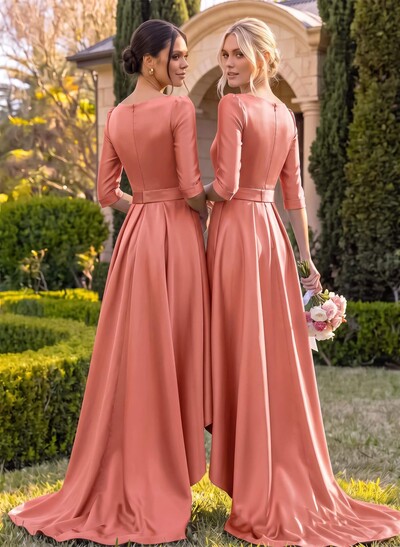 A-Line V-Neck 1/2 Sleeves Sweep Train Satin Bridesmaid Dresses With Pockets