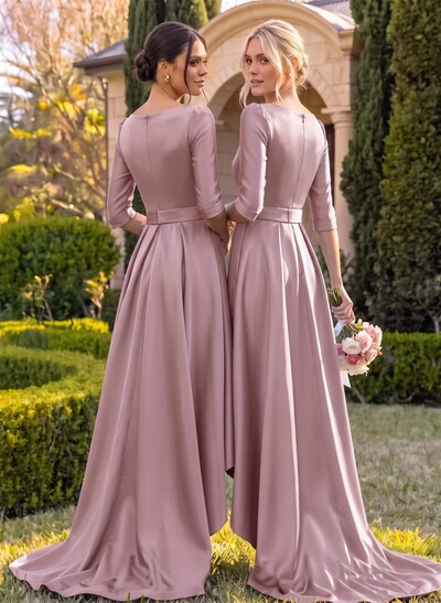 A-Line V-Neck 1/2 Sleeves Sweep Train Satin Bridesmaid Dresses With Pockets