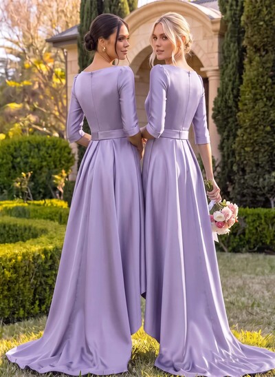 A-Line V-Neck 1/2 Sleeves Sweep Train Satin Bridesmaid Dresses With Pockets