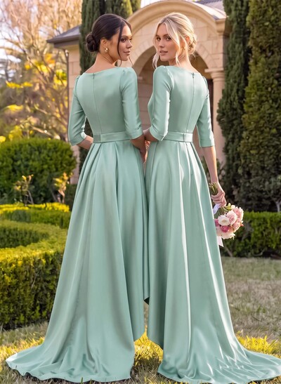 A-Line V-Neck 1/2 Sleeves Sweep Train Satin Bridesmaid Dresses With Pockets
