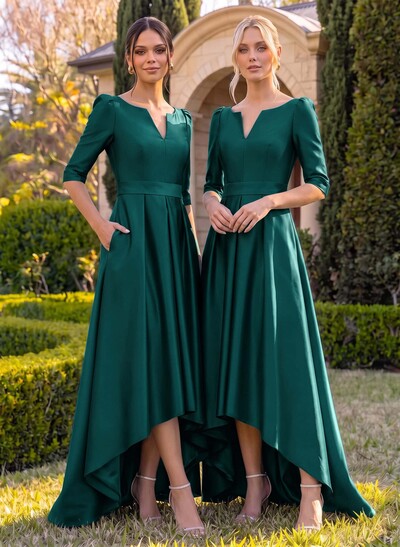 A-Line V-Neck 1/2 Sleeves Sweep Train Satin Bridesmaid Dresses With Pockets
