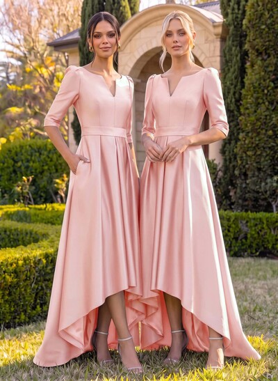 A-Line V-Neck 1/2 Sleeves Sweep Train Satin Bridesmaid Dresses With Pockets