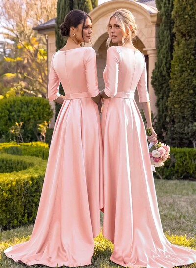 A-Line V-Neck 1/2 Sleeves Sweep Train Satin Bridesmaid Dresses With Pockets