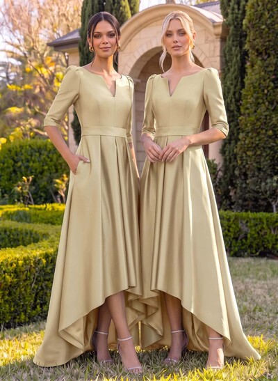 A-Line V-Neck 1/2 Sleeves Sweep Train Satin Bridesmaid Dresses With Pockets
