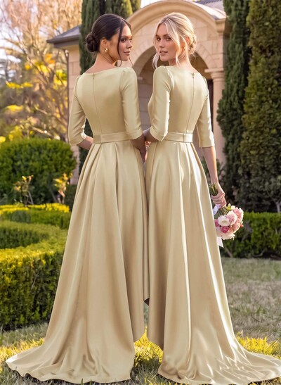 A-Line V-Neck 1/2 Sleeves Sweep Train Satin Bridesmaid Dresses With Pockets