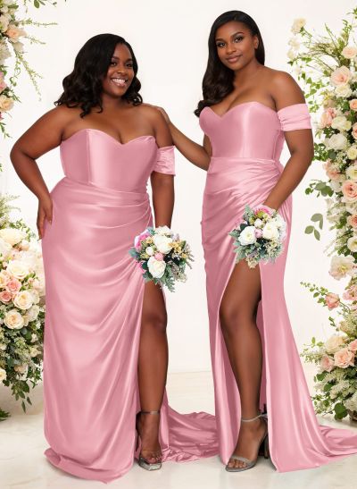 Sheath/Column One-Shoulder Silk Like Satin Bridesmaid Dresses With Split Front