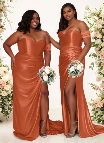 Sheath/Column One-Shoulder Silk Like Satin Bridesmaid Dresses With Split Front