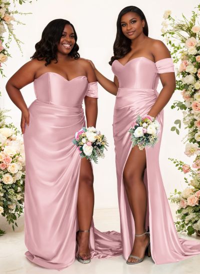 Sheath/Column One-Shoulder Silk Like Satin Bridesmaid Dresses With Split Front